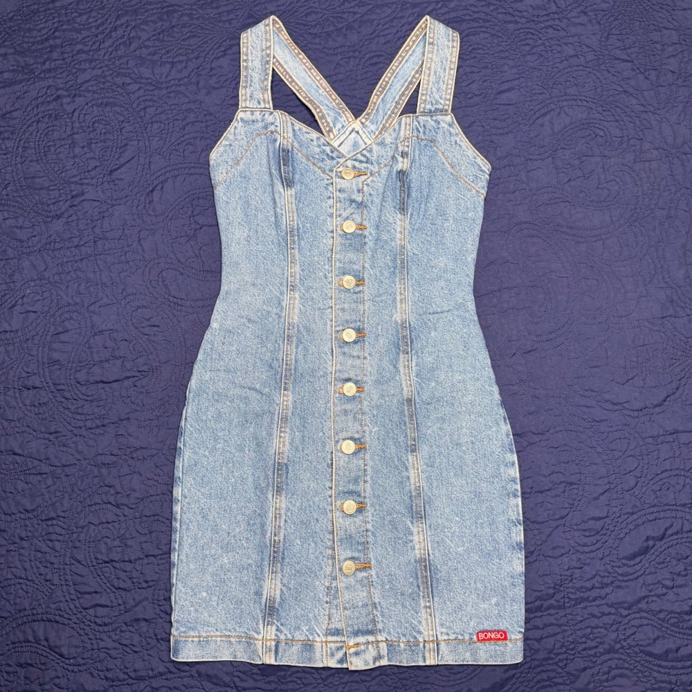 Vintage 90s Bongo Denim Button Front Bodycon Mini Dress Bratz Style XS 25 Waist
